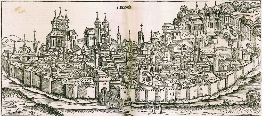 Большой детальный старый античный панорамный вид на город Эрфурт - 1493