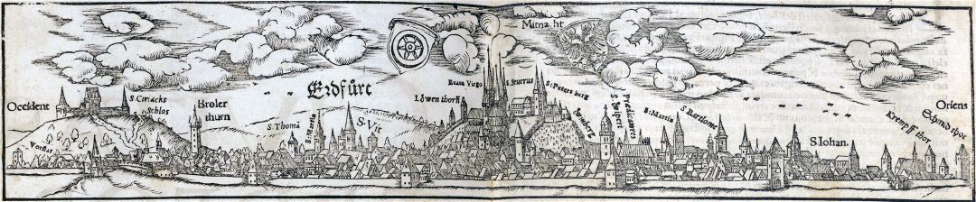 Большой детальный старый панорамный вид на город Эрфурт - 1550