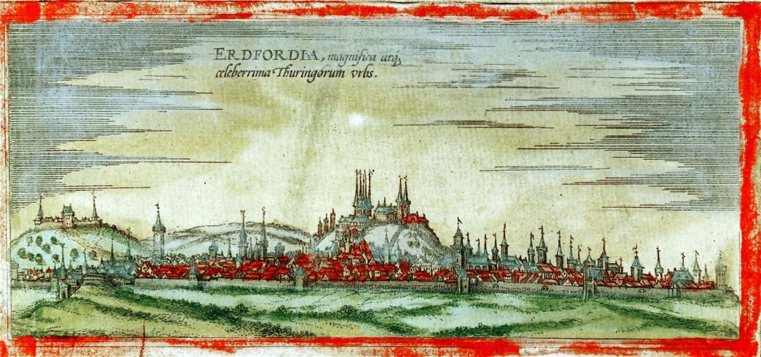 Большой детальный старый панорамный вид на город Эрфурт - 1572
