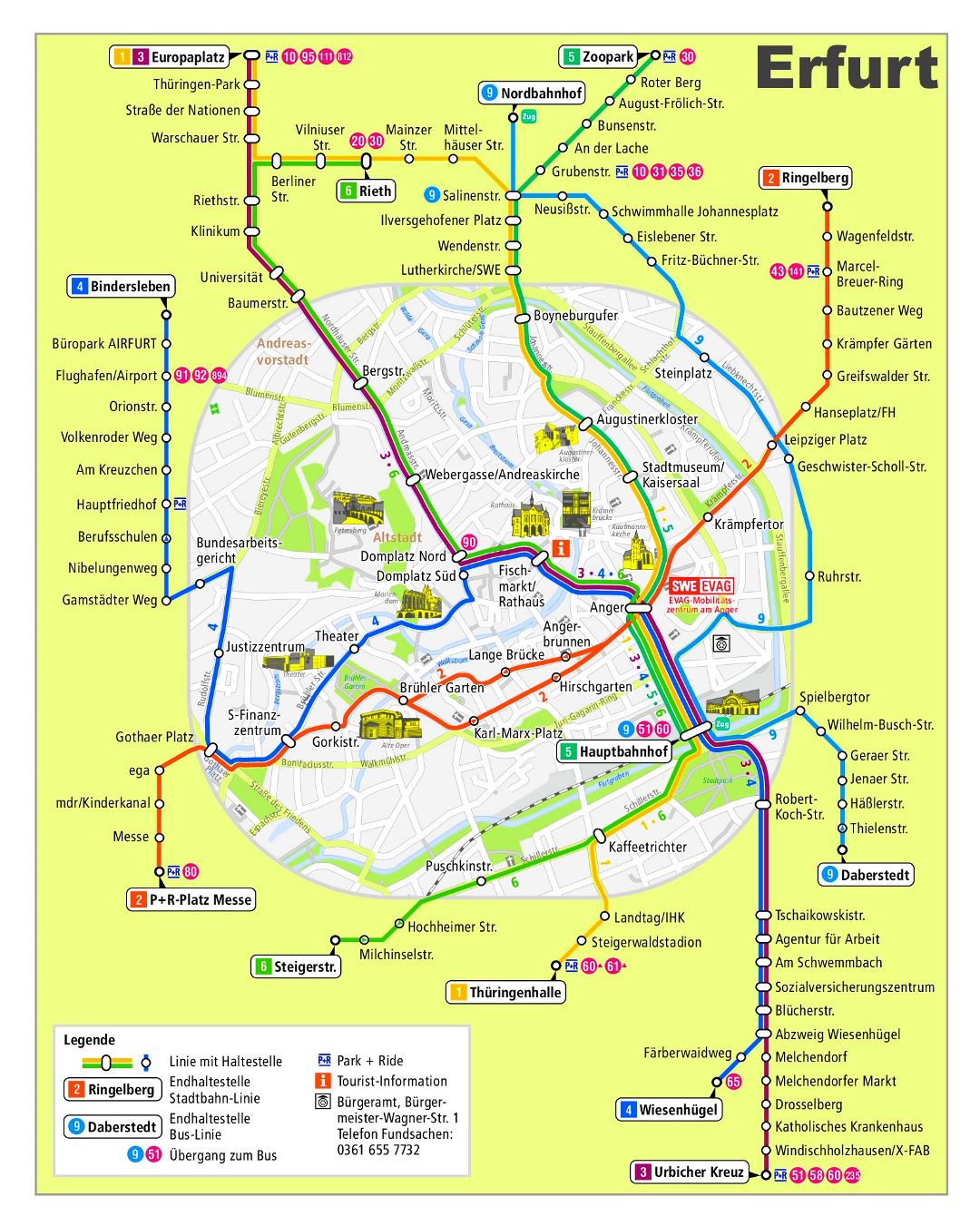 Большая детальная карта сети общественного транспорта города Эрфурт