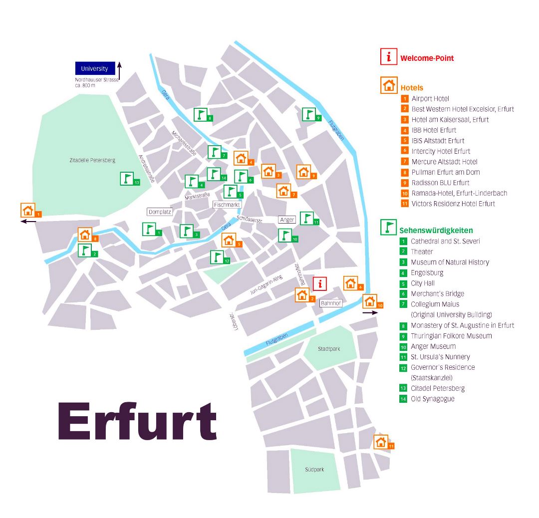 Большая детальная туристическая карта центральной части Эрфурта