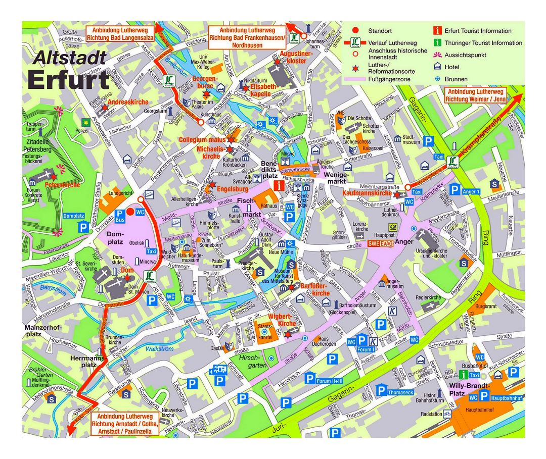 Большая детальная туристическая карта центральной части города Эрфурт