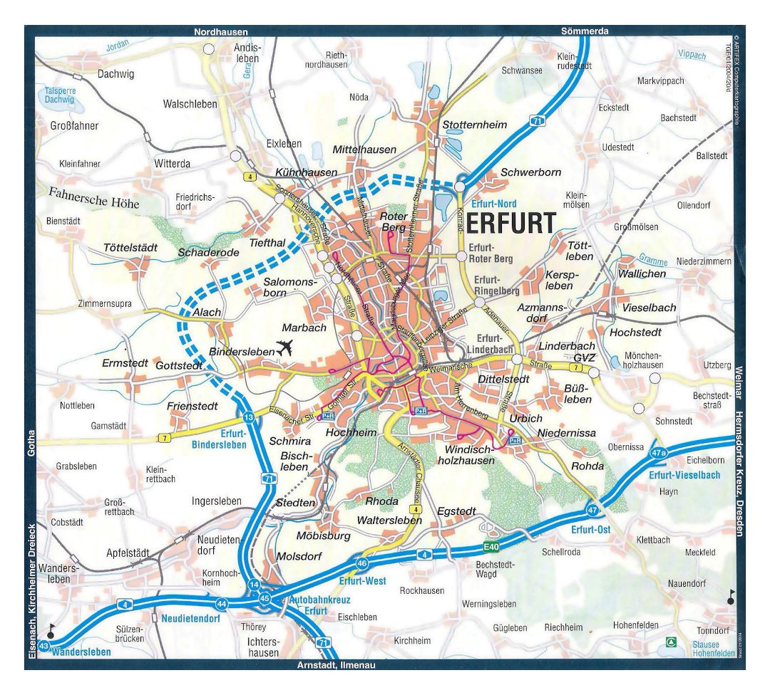 Большая карта города Эрфурт и его окрестностей с дорогами и другими пометками