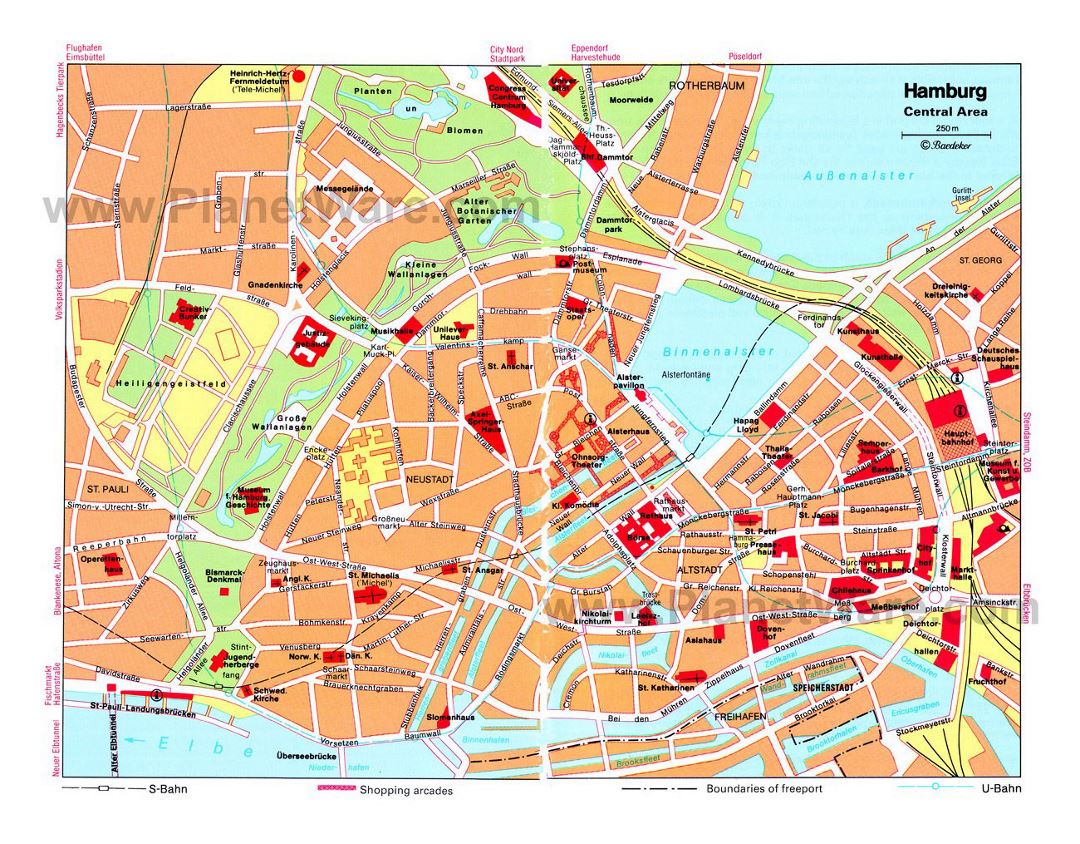 Детальная туристическая карта центральной части города Гамбург