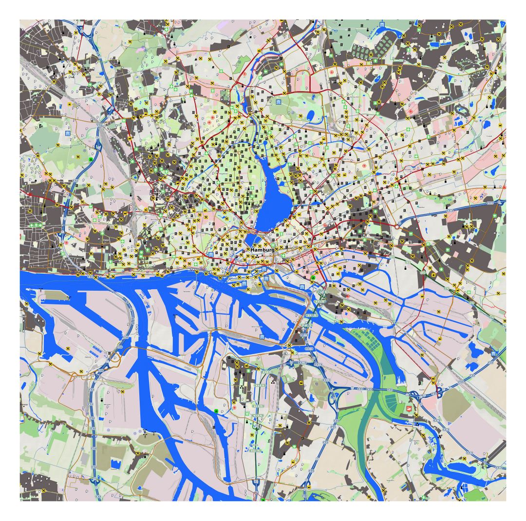 Большая детальная карта города Гамбурга и его окрестностей с другими пометками