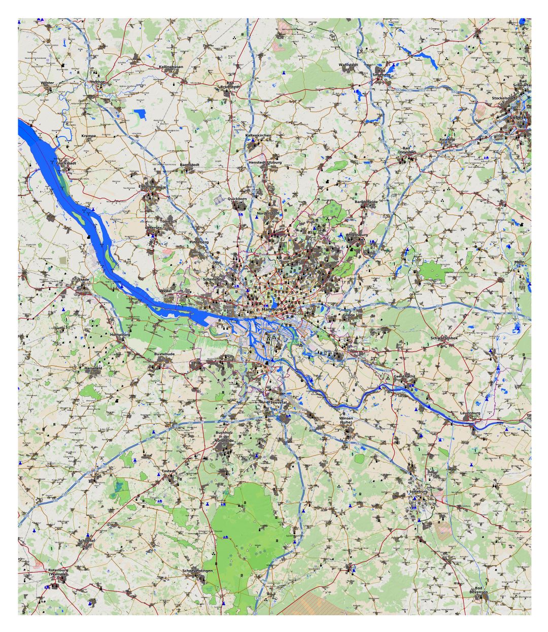 Большая детальная карта города Гамбурга и его окрестностей