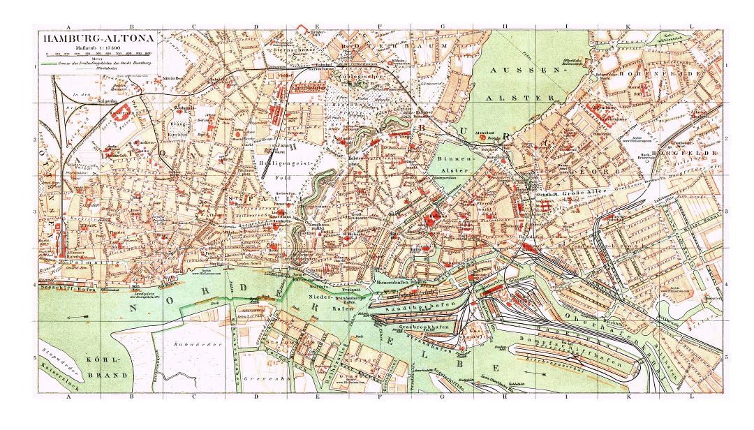 Большая детальная старая карта города Гамбурга - 1890
