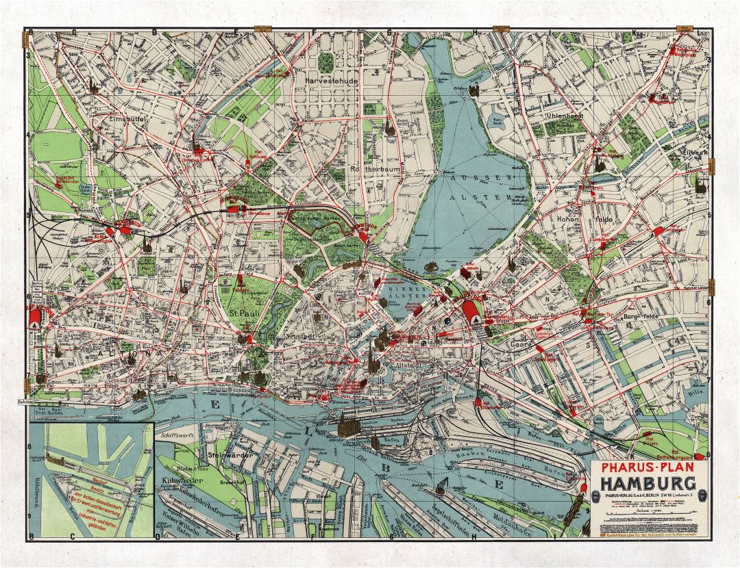 Большая детальная старая карта города Гамбурга - 1911