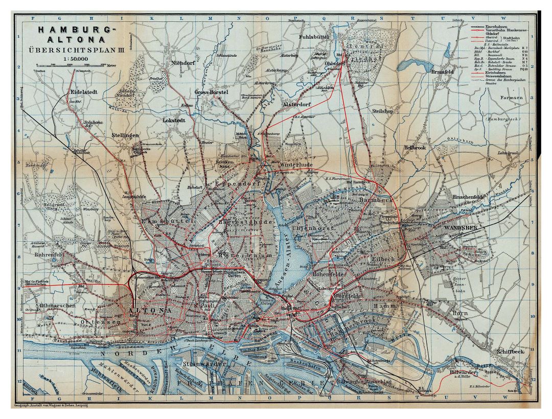 Большая детальная старая карта железных дорог города Гамбург - 1910