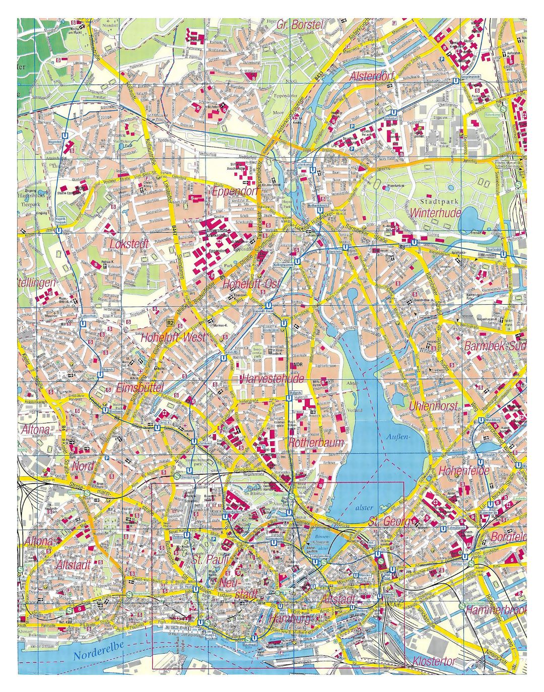 Большая детальная карта улиц города Гамбурга
