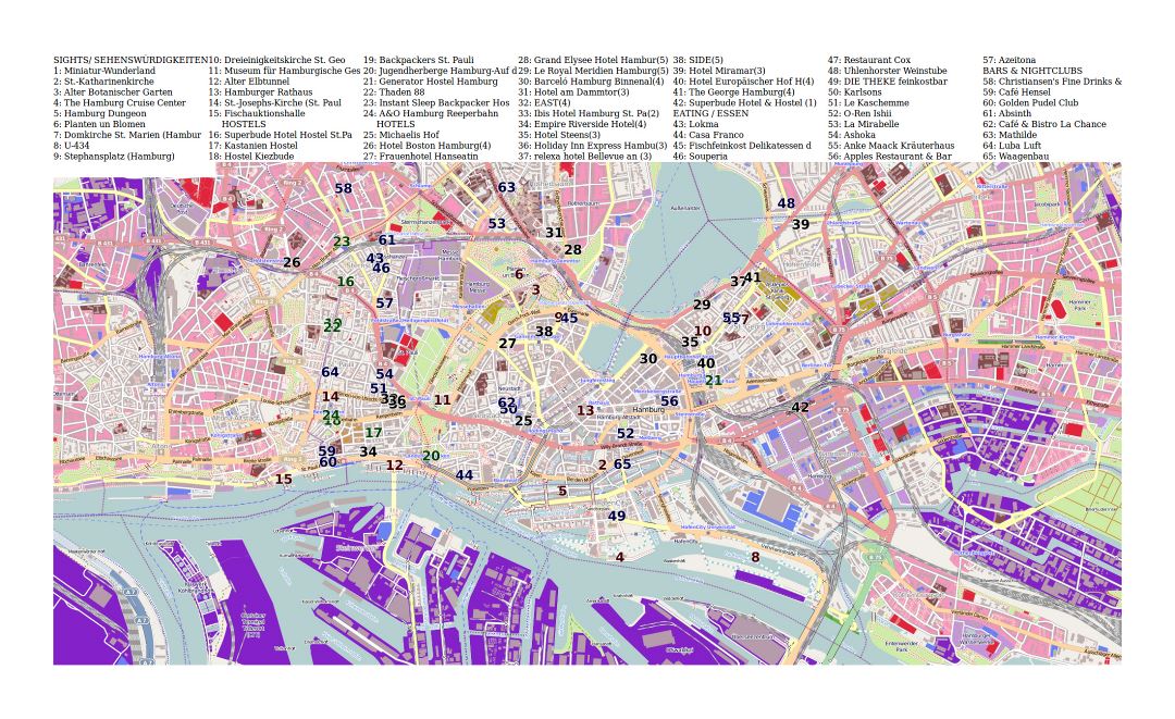 Большая детальная туристическая карта города Гамбург