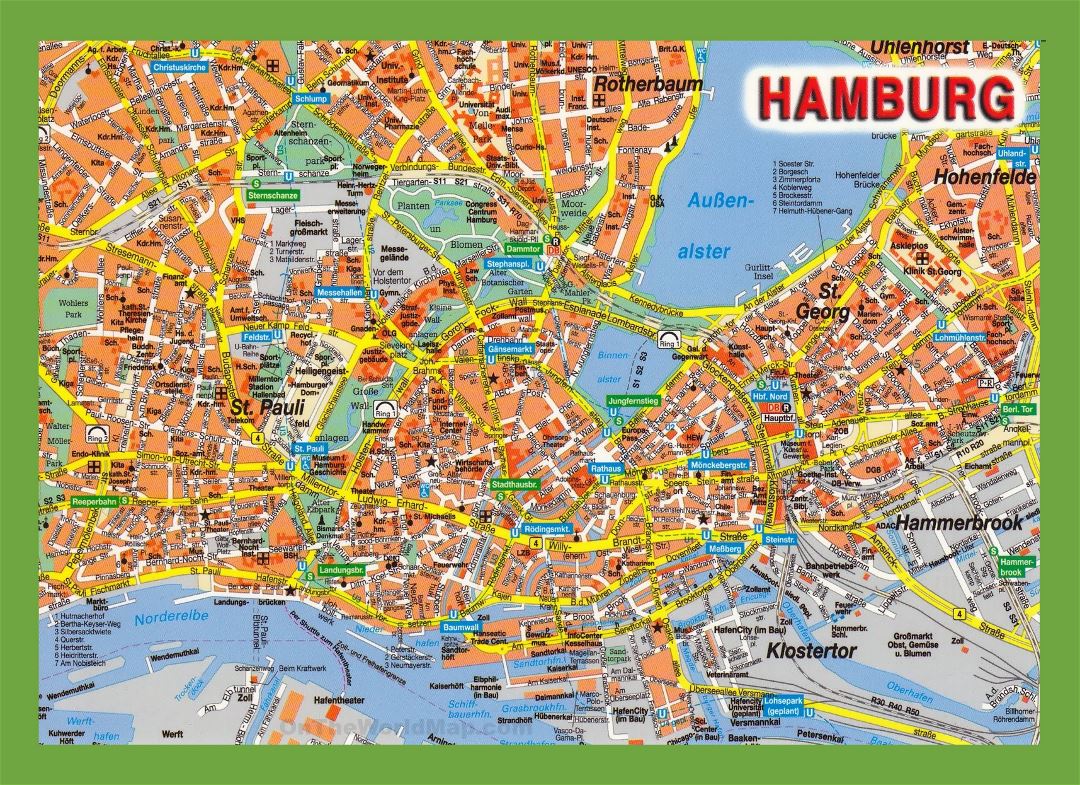 Большая туристическая карта достопримечательностей Гамбурга