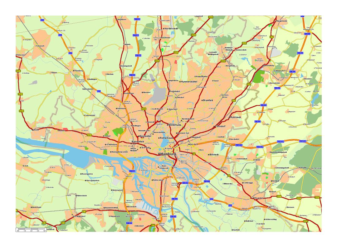 Большая карта дорог города Гамбурга и его окрестностей