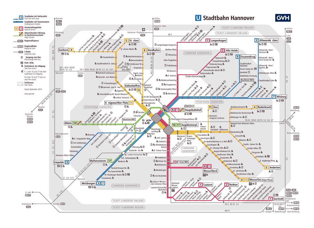 Большая детальная карта трамвая и метро Ганновера