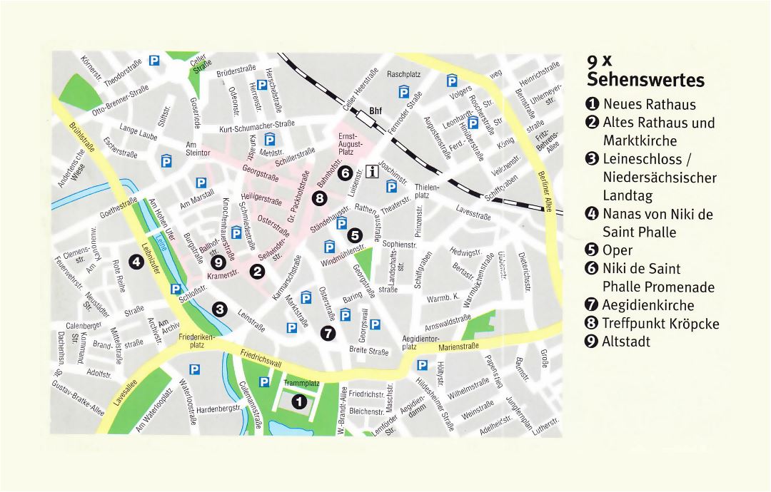 Большая туристическая карта центральной части города Ганновер