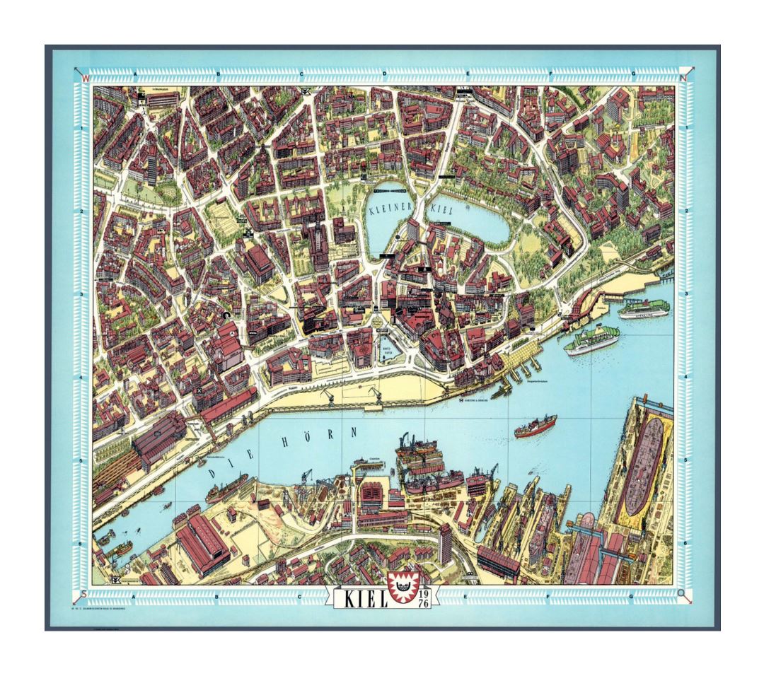Детальная старая иллюстрированная карта центральной части города Киль - 1976