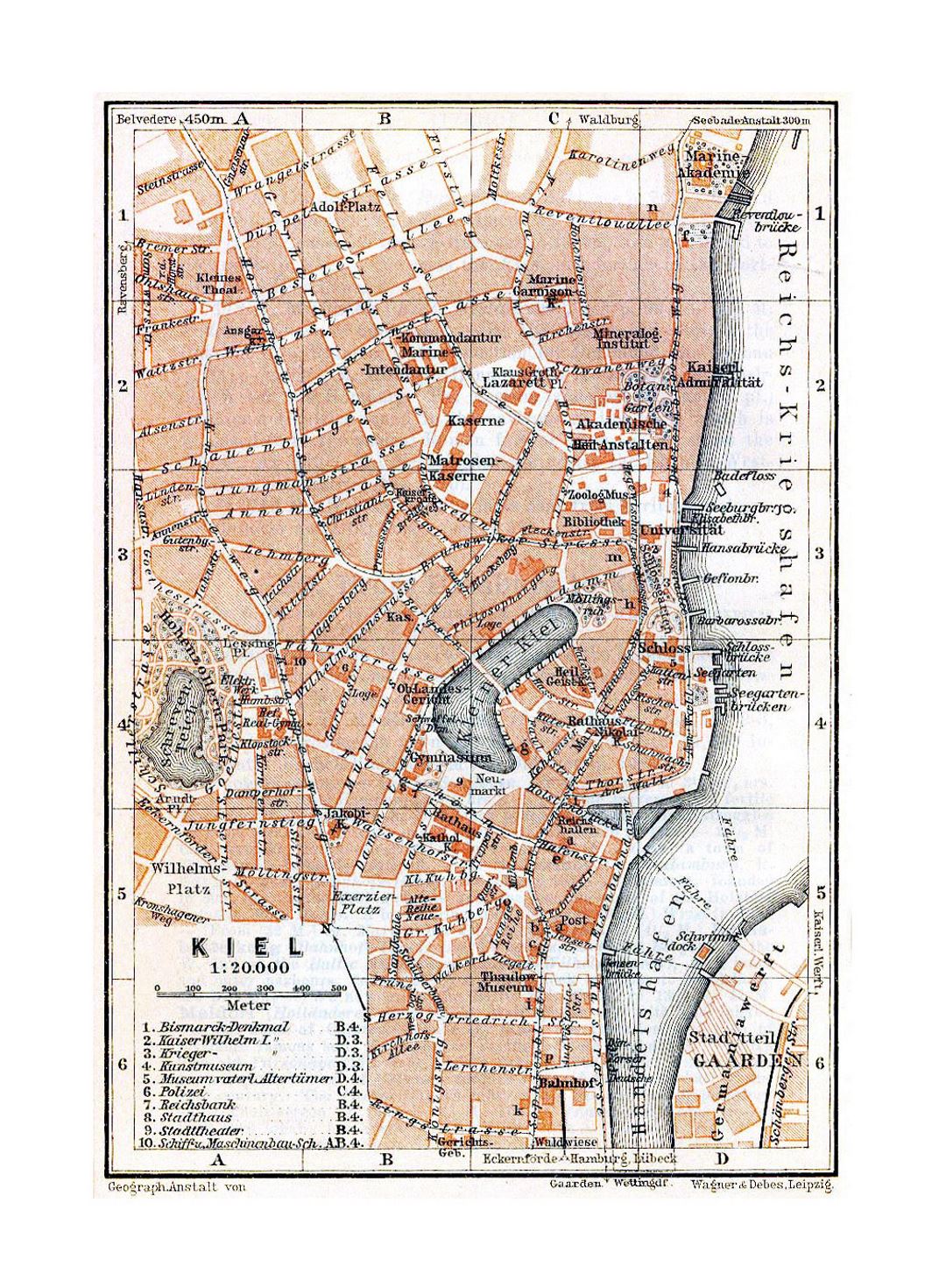 Детальная старая карта города Киль - 1910