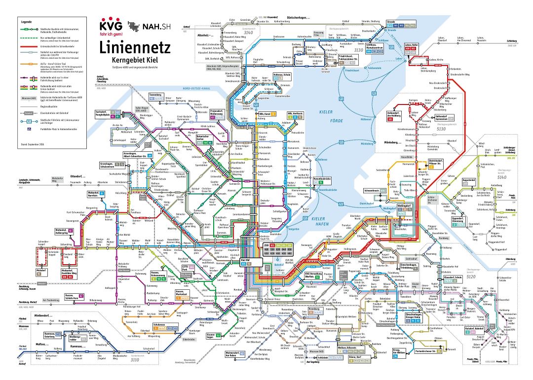 Большая детальная карта сети общественного транспорта города Киль