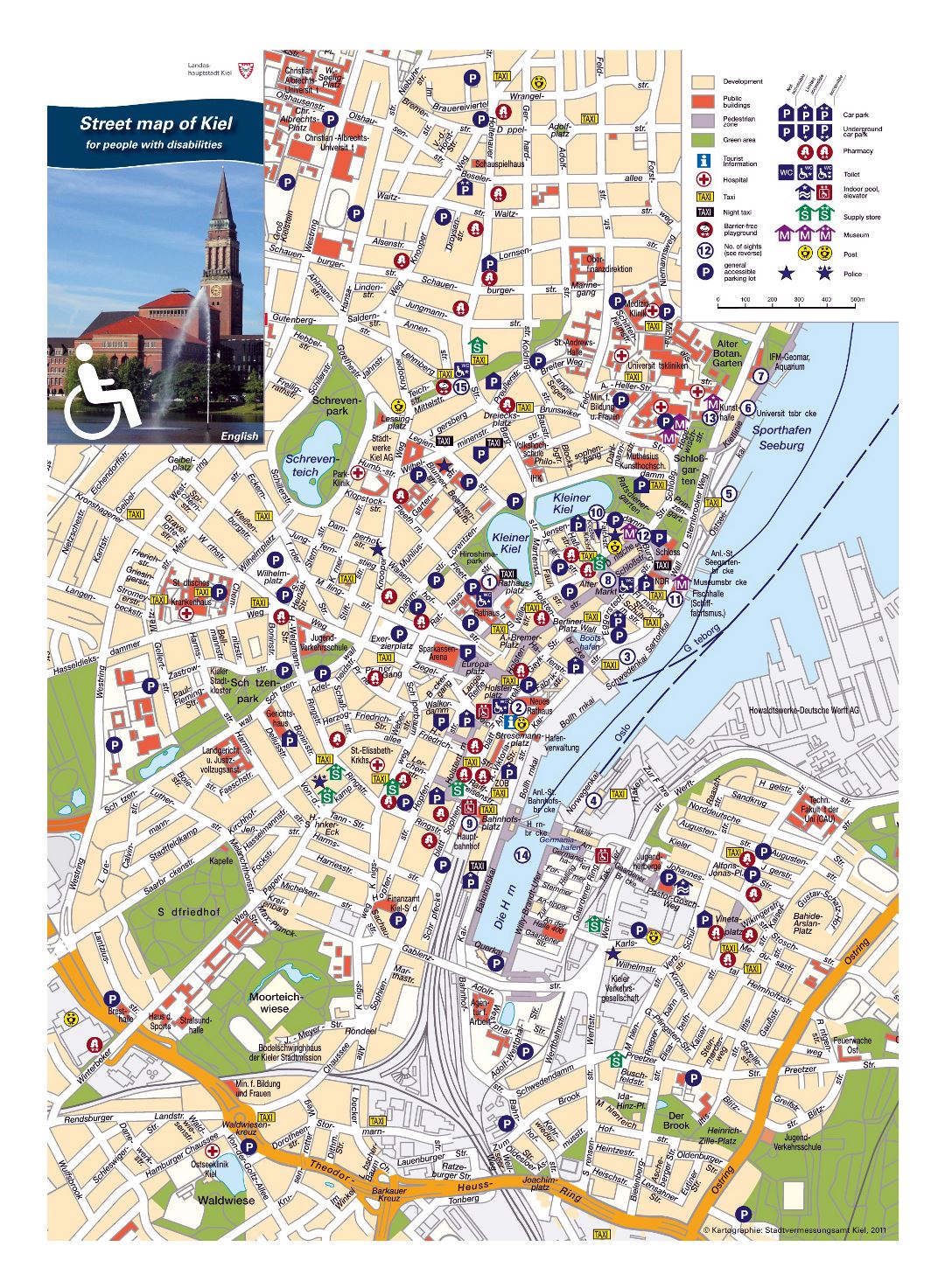Большая детальная карта туристических достопримечательностей центральной части города Киль