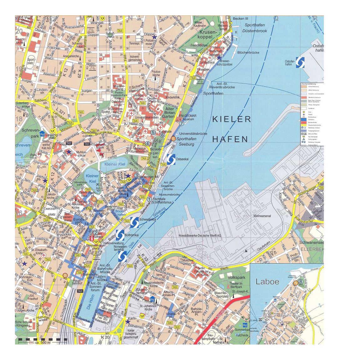 Большая детальная туристическая карта центральной части города Киль