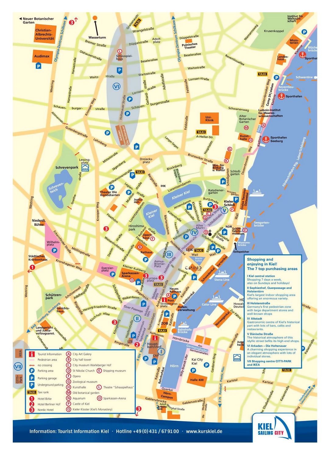Большая детальная туристическая карта центральной части города Киль