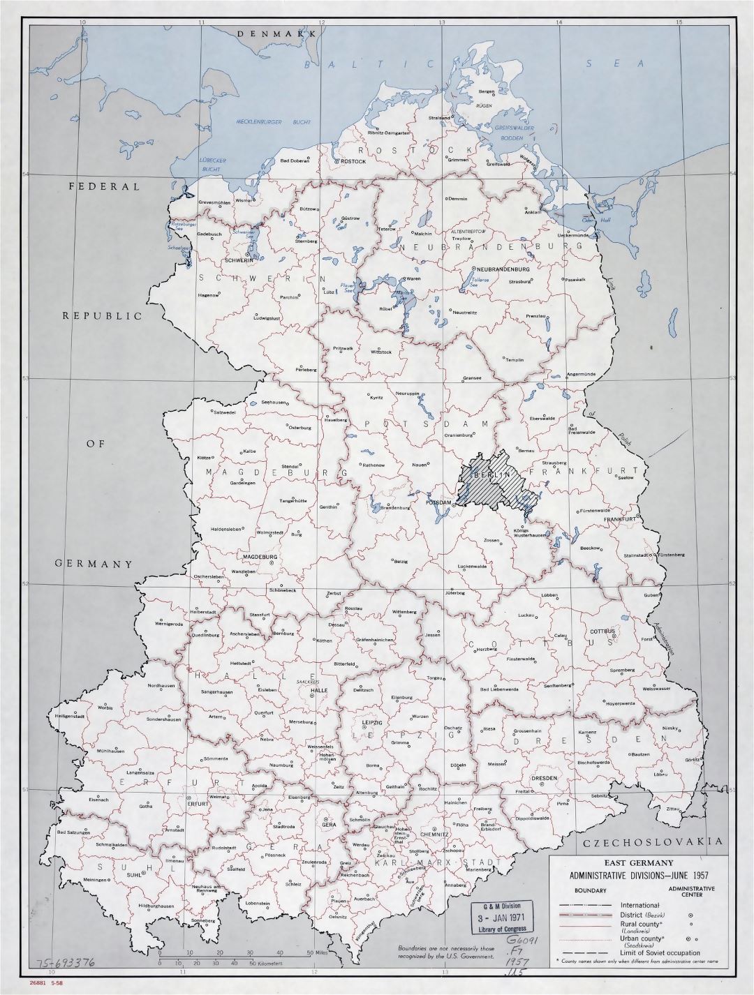 Большая карта крупных административных делений Восточной Германии - 1958