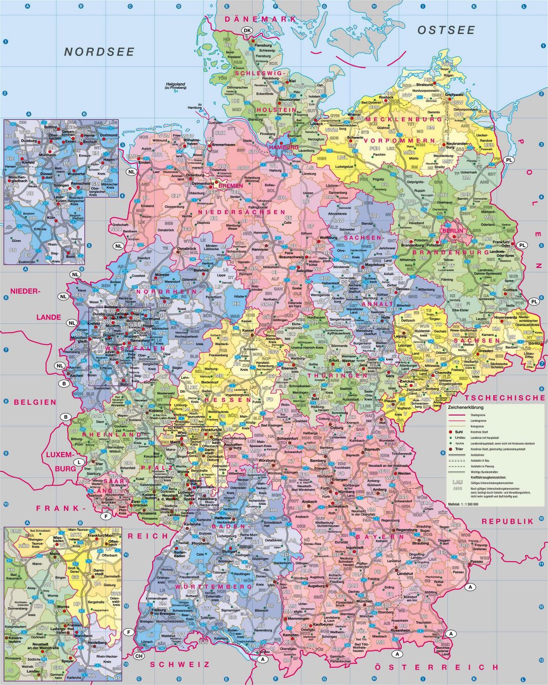 Большая административная карта Германии с дорогами и городами