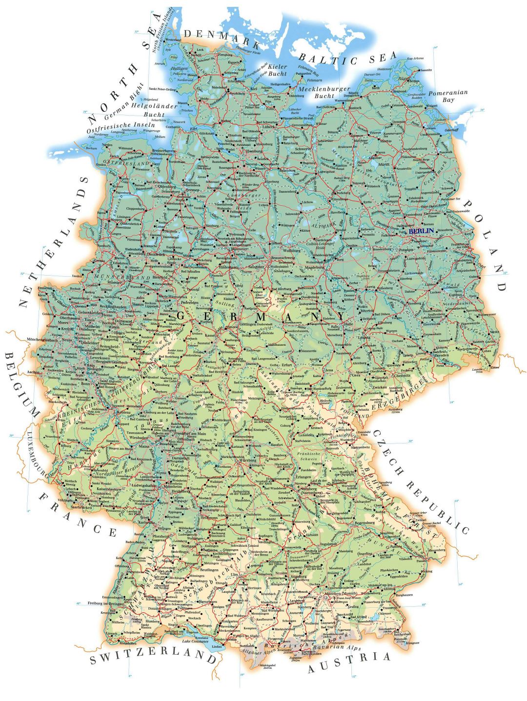 Большая детальная карта высот Германии с дорогами, городами и аэропортами