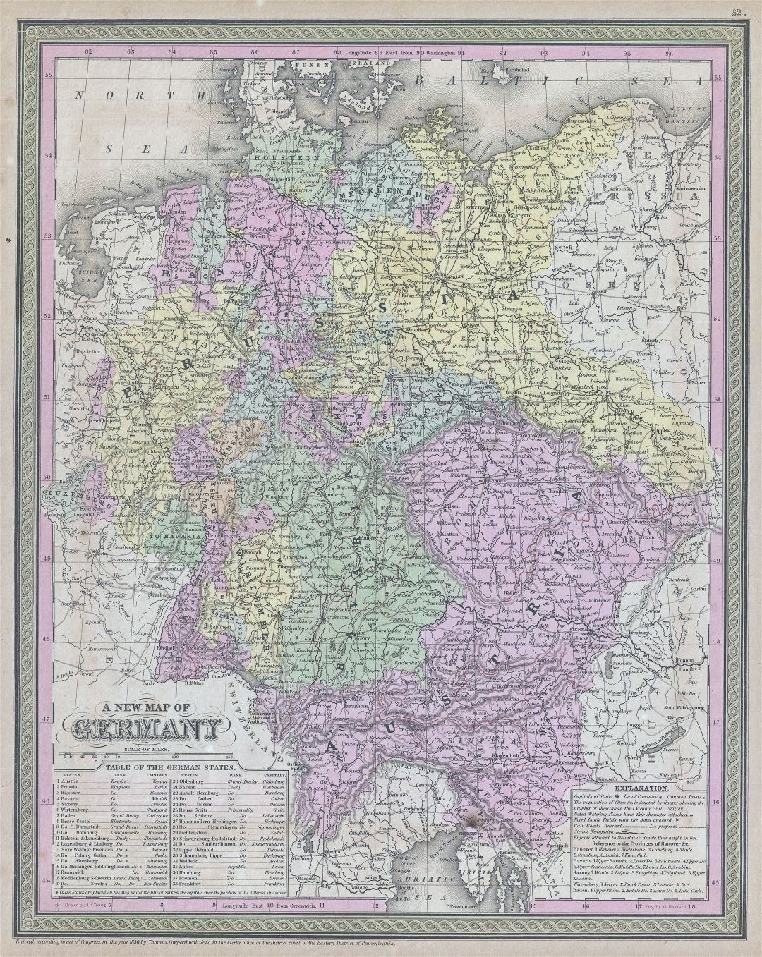 Большая детальная старая политическая и административная карта Германии с городами - 1853