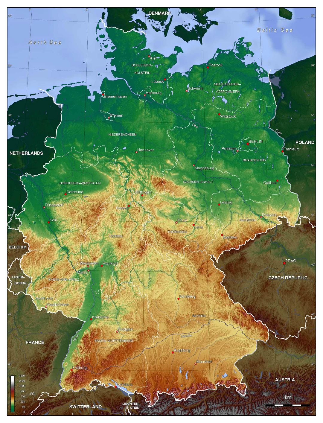 Большая детальная физическая карта Германии