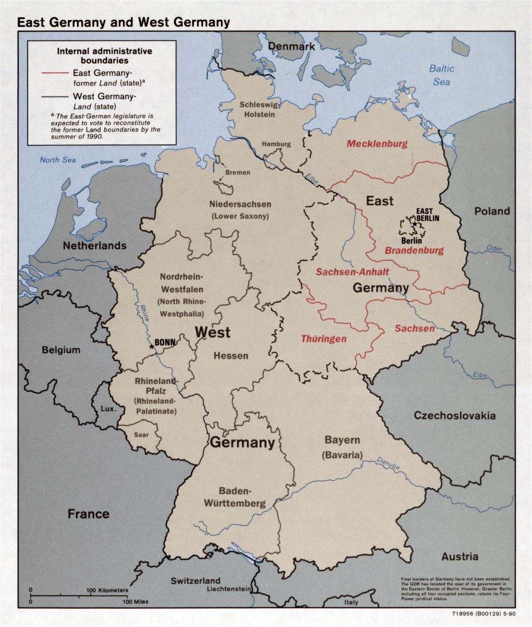 Большая детальная политическая и административная карта Восточной Германии и Западной Германии - 1990