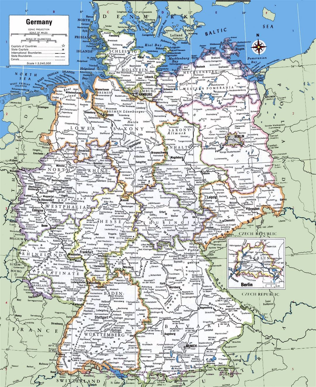 Большая детальная политическая и административная карта Германии с городами