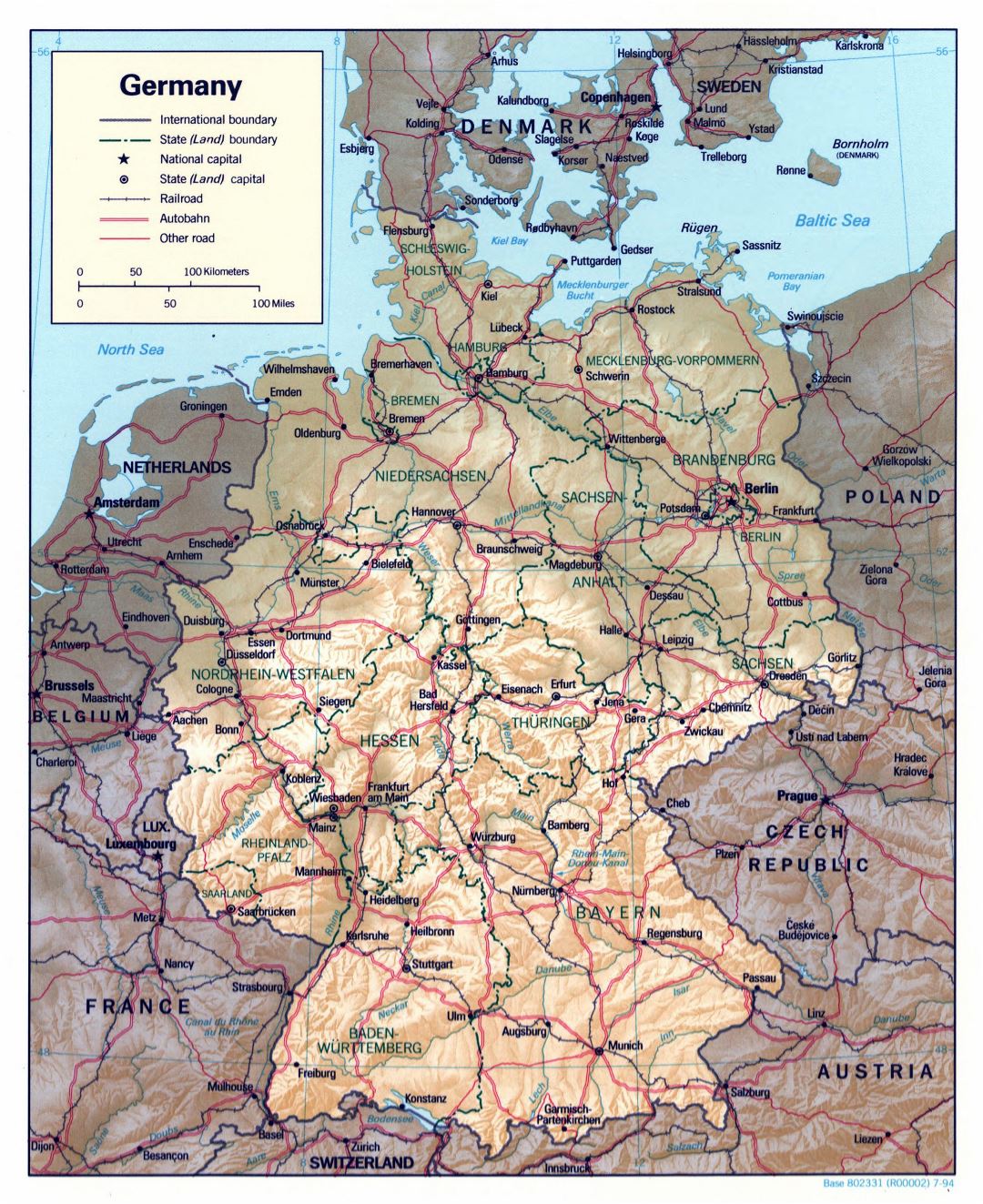 Большая детальная политическая и административная карта Германии с рельефом, дорогами и крупными городами - 1994