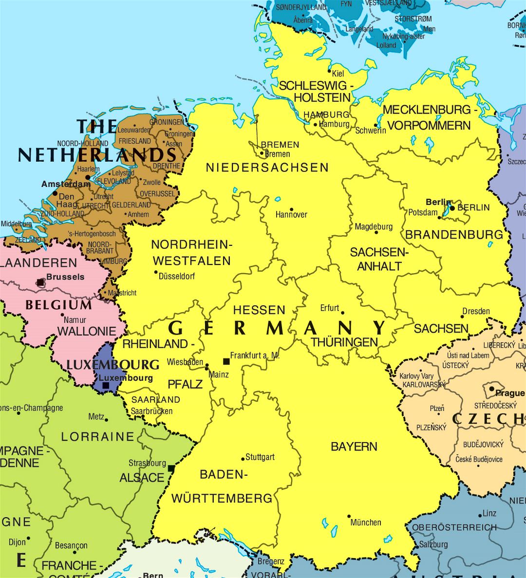 Большая политическая и административная карта Германии и Нидерландов