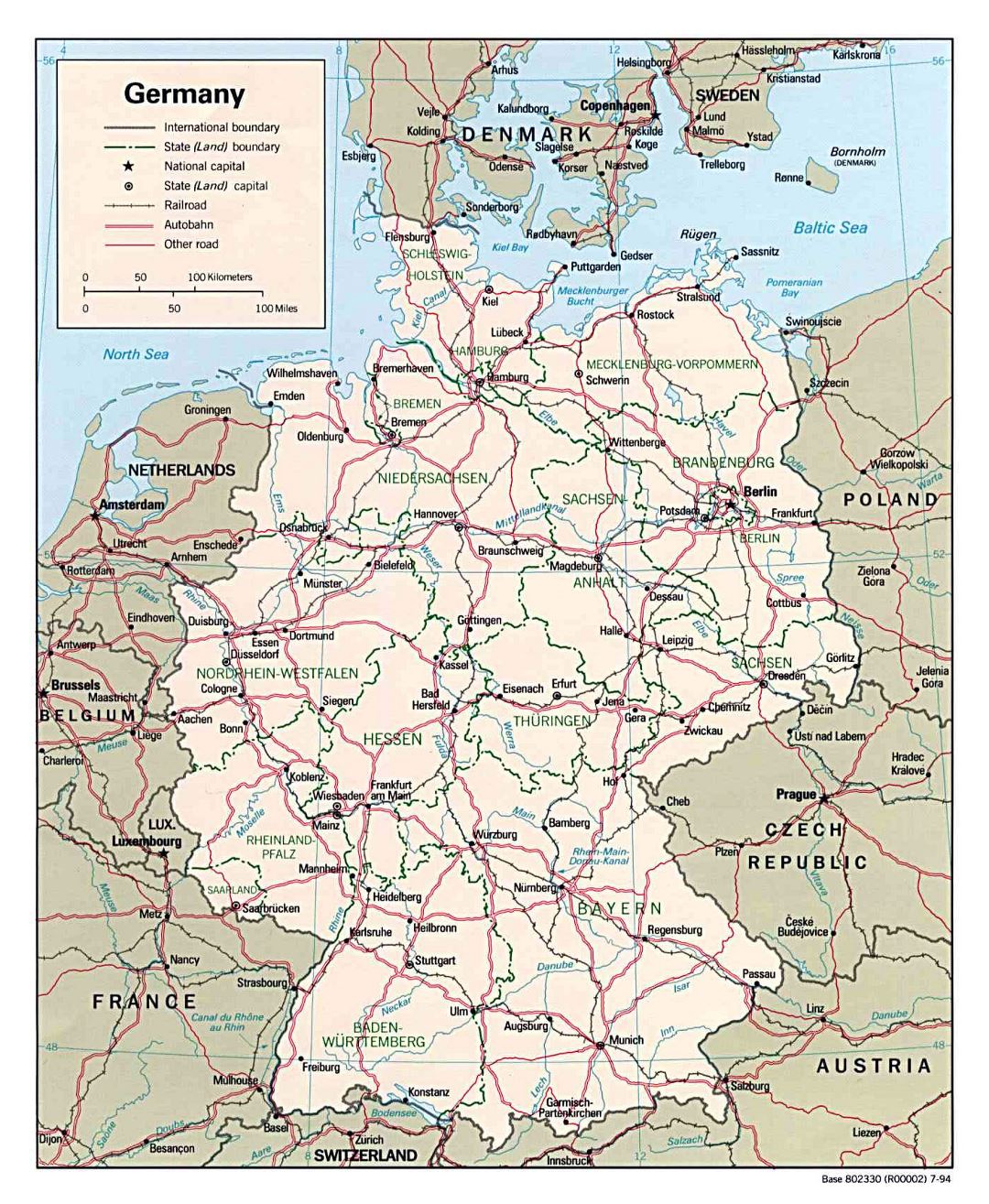 Большая политическая и административная карта Германии с дорогами и крупными городами - 1994