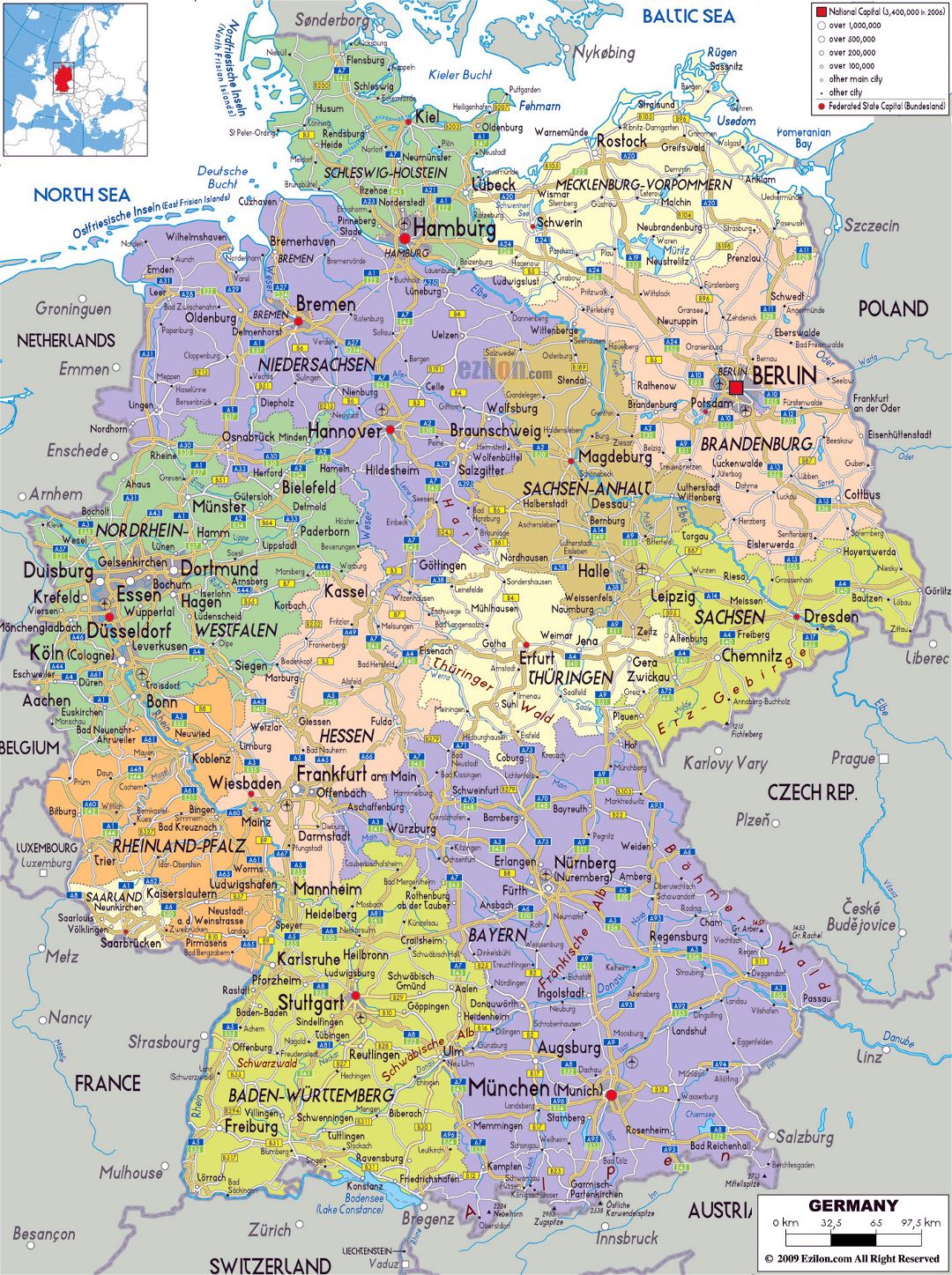 Большая политическая и административная карта Германии с дорогами, городами и аэропортами