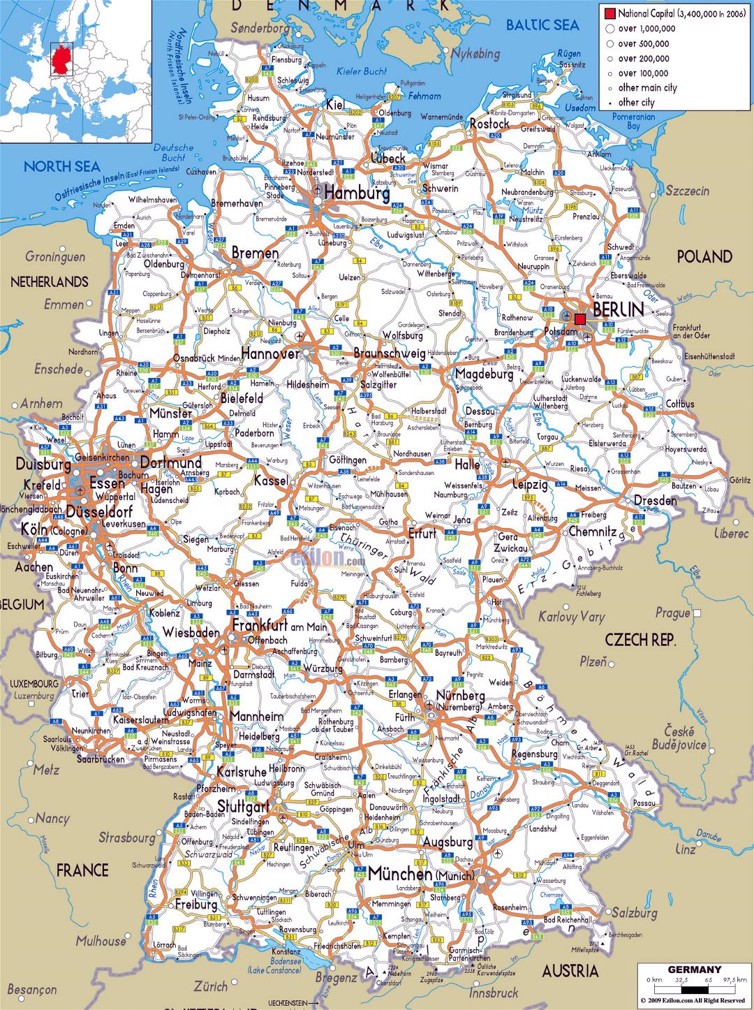 Большая карта дорог Германии с городами и аэропортами