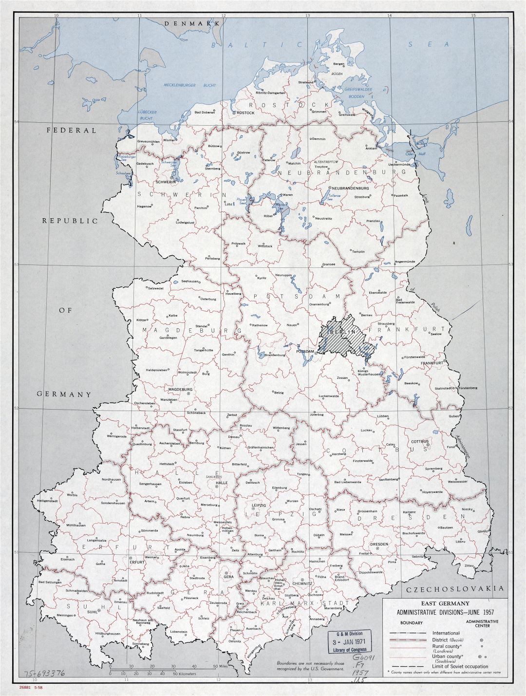 Крупномасштабная карта административного деления Восточной Германии - 1958