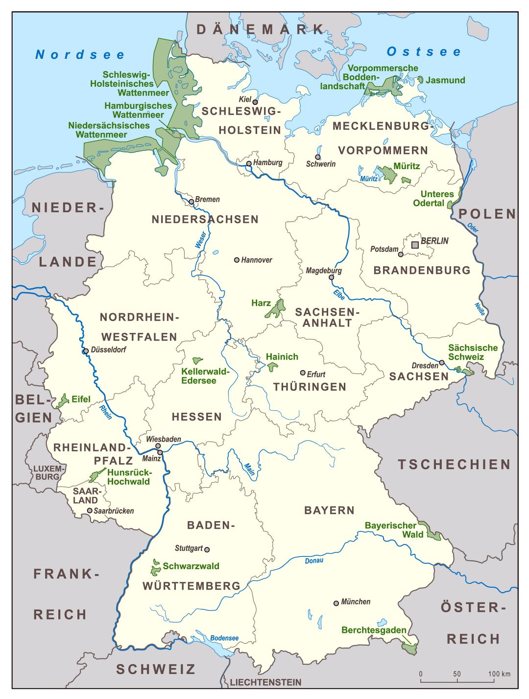 Крупномасштабная карта национальных парков Германии