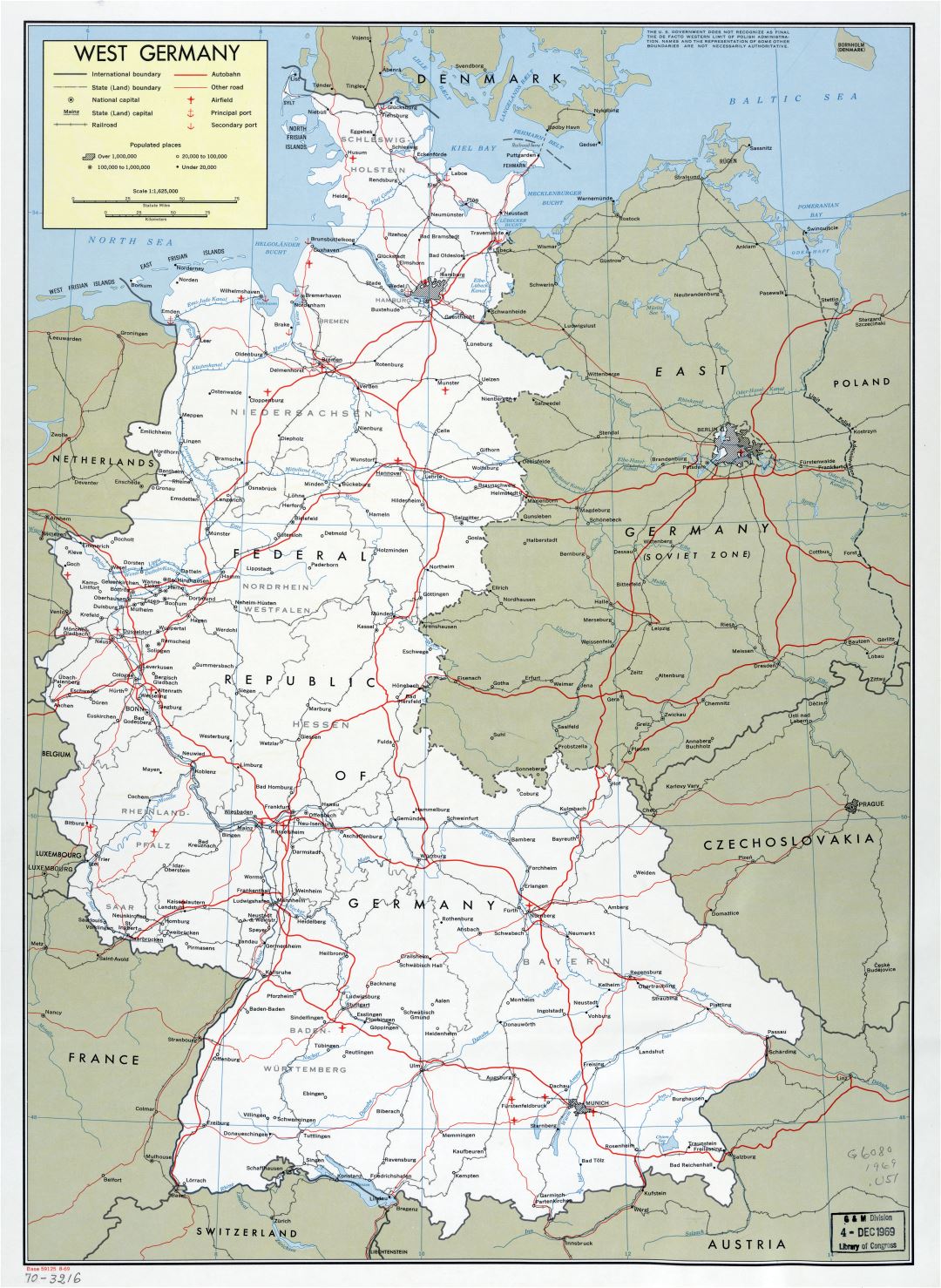 Крупномасштабная политическая и административная карта Западной Германии с пометками городов, дорог, железных дорог, аэродромов и портов - 1969