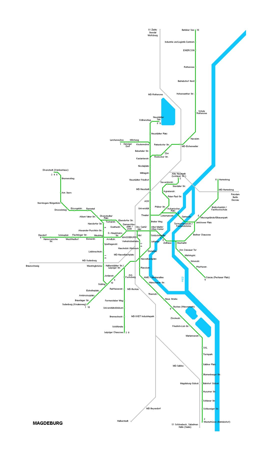 Детальная карта трамваев города Магдебург
