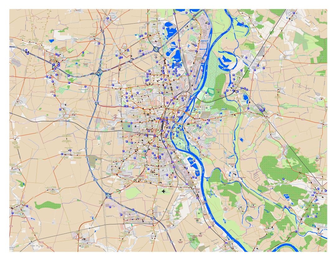 Большая детальная карта города Магдебурга и его окрестностей