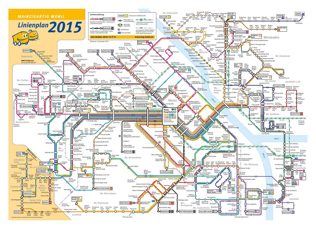 Большая детальная карта сети общественного транспорта города Майнц
