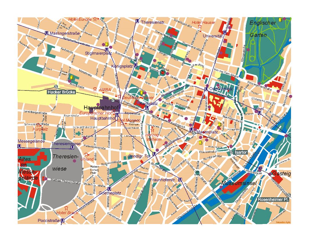 Детальная карта центральной части города Мюнхена