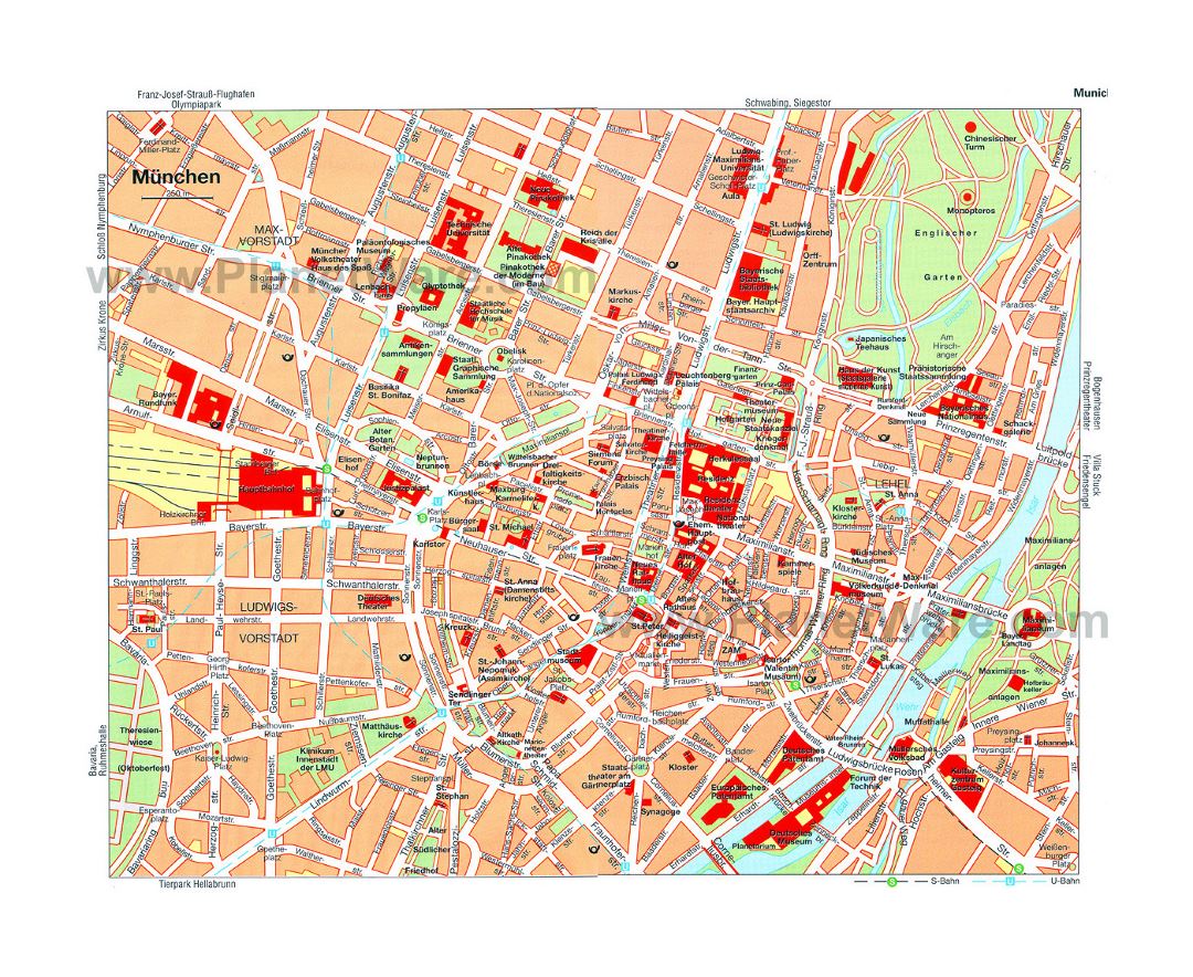Детальная карта центральной части города Мюнхена с названиями улиц