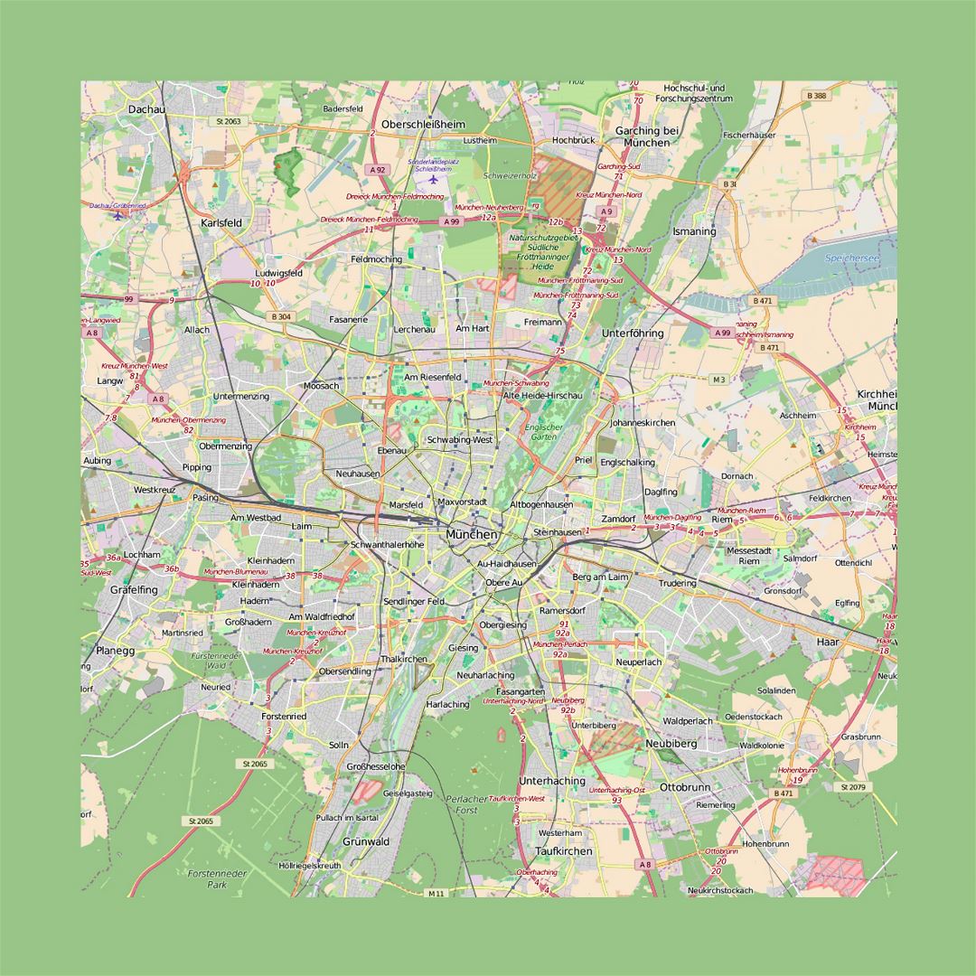 Детальная карта города Мюнхена и его окрестностей