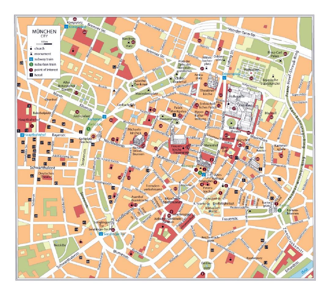Детальная туристическая карта центра города Мюнхена