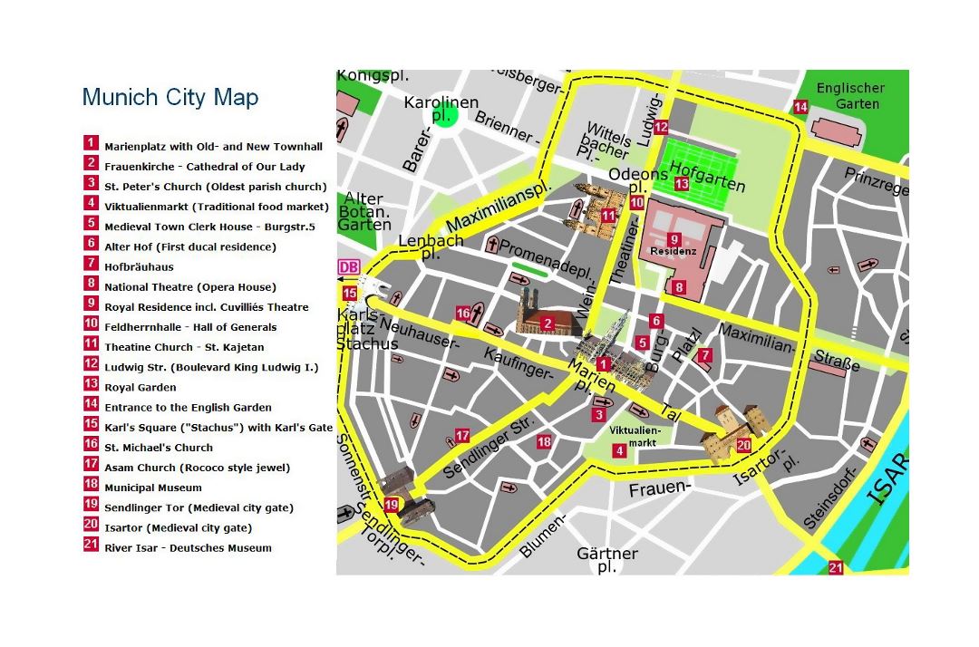 Детальная туристическая карта центральной части города Мюнхена