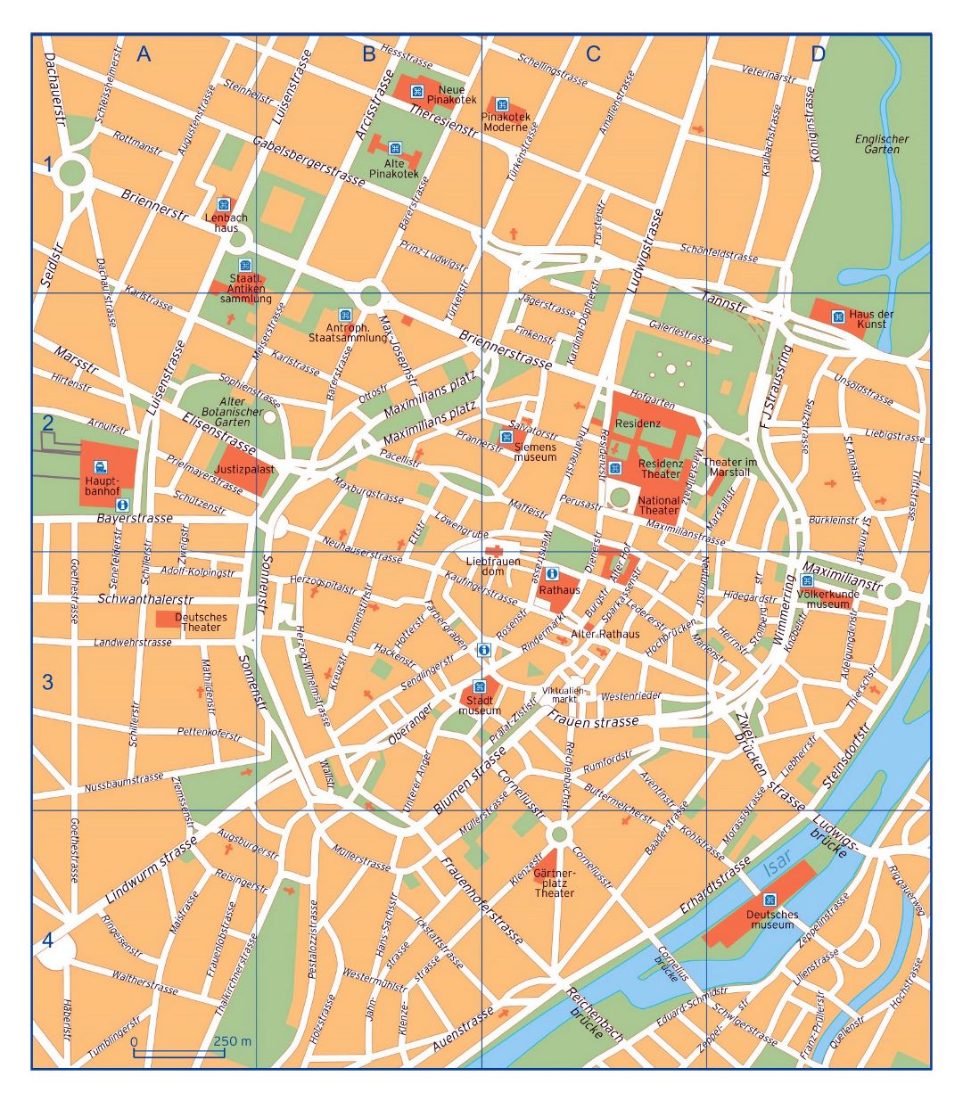 Большая детальная карта центральной части города Мюнхена с названиями улиц
