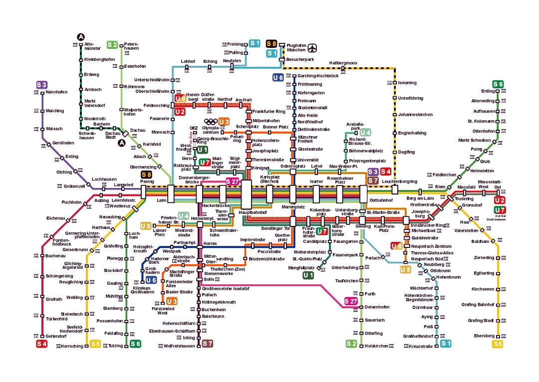 Большая детальная карта метро города Мюнхена
